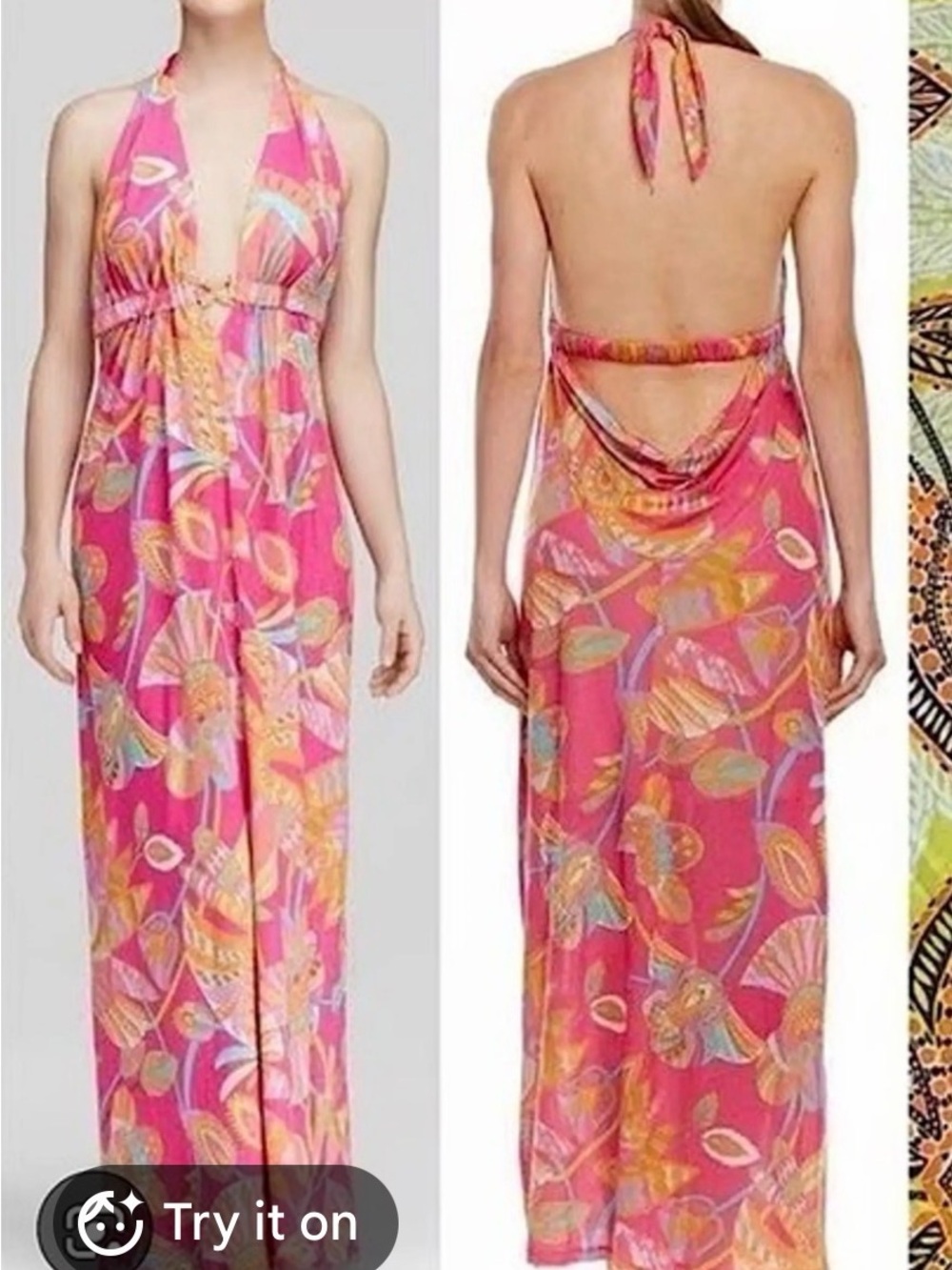 Y2K Trina Turk Hot Pink Gingko Maxi Dress, S pink orange blue white gold center